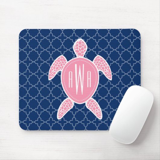 Monogrammofoonroze Zee Turtle Blue Quatrefoil Muismat (Met muis)