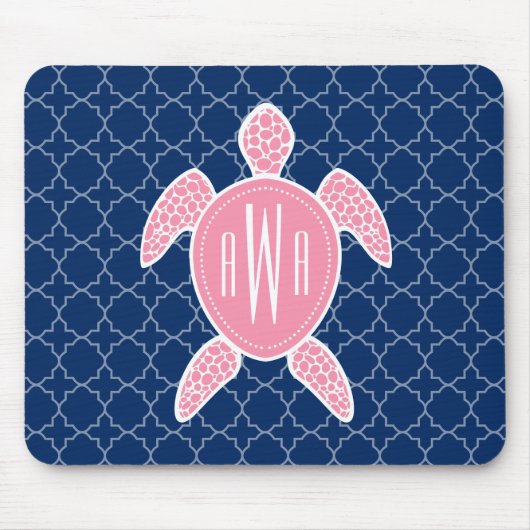 Monogrammofoonroze Zee Turtle Blue Quatrefoil Muismat (Voorkant)