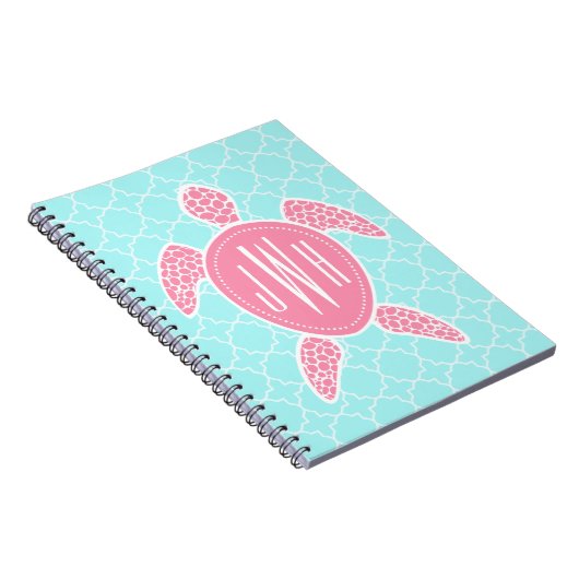 Monogrammofoonroze Zee Turtle + Blue Quatrefoil Notitieboek (Rechterzijde)