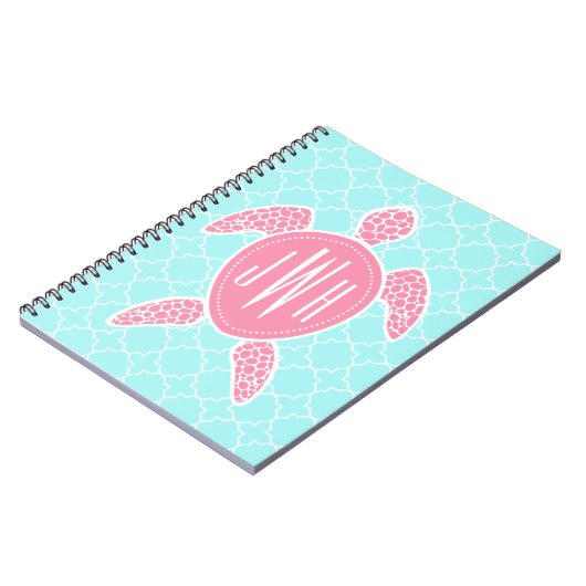 Monogrammofoonroze Zee Turtle + Blue Quatrefoil Notitieboek (Linkerzijde)