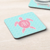 Monogrammofoonroze Zee Turtle + Blue Quatrefoil Onderzetter (Linkerzijde)