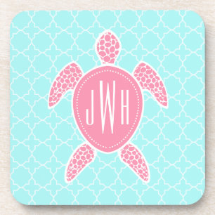Monogrammofoonroze Zee Turtle + Blue Quatrefoil Onderzetter