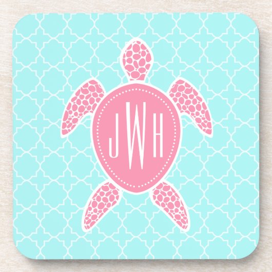 Monogrammofoonroze Zee Turtle + Blue Quatrefoil Onderzetter (Voorkant)