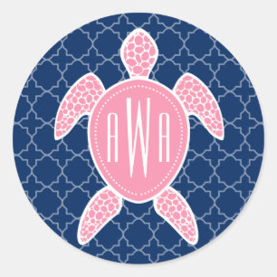 Monogrammofoonroze Zee Turtle Blue Quatrefoil Ronde Sticker