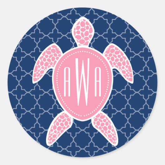Monogrammofoonroze Zee Turtle Blue Quatrefoil Ronde Sticker (Voorkant)