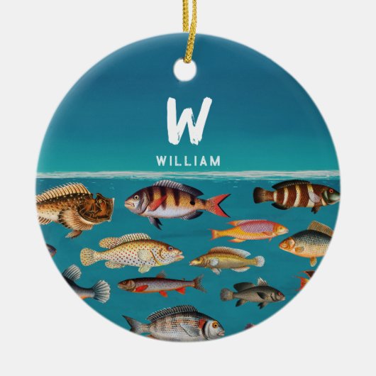 Monogrammofoonvolle vis onder de blauwe zee keramisch ornament (Voorkant)