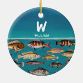 Monogrammofoonvolle vis onder de blauwe zee keramisch ornament (Achterkant)