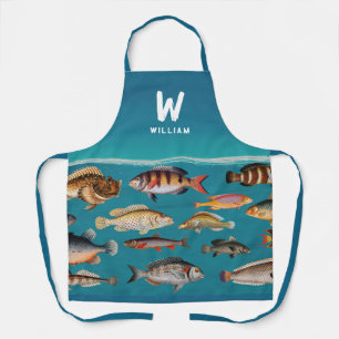 Monogrammofoonvolle vis onder de blauwe zee schort
