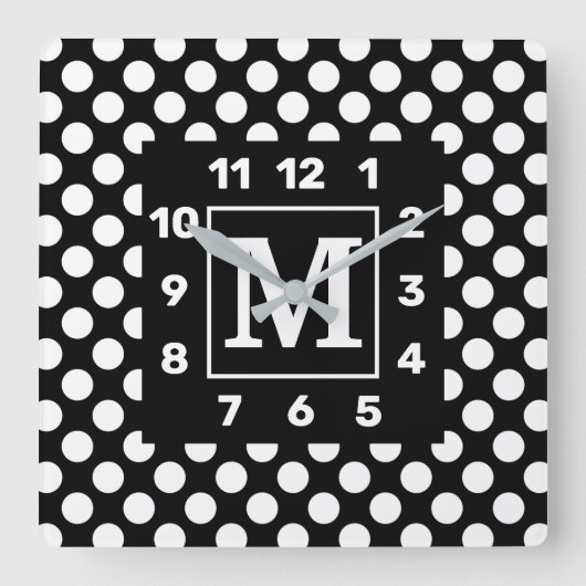 Monogrammus BW Polka Dot Square Wall klok (Voorkant)