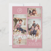 Monogrammus foto collage kerstblauwe roze feestdagenkaart (Voorkant)