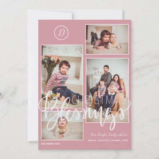Monogrammus foto collage kerstblauwe roze feestdagenkaart (Voorkant)
