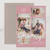 Monogrammus foto collage kerstblauwe roze feestdagenkaart (Voorkant / Achterkant)