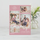 Monogrammus foto collage kerstblauwe roze feestdagenkaart (Staand voorkant)