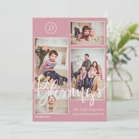 Monogrammus foto collage kerstblauwe roze feestdagenkaart (Staand voorkant)