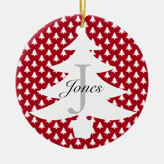 Monogramnaam crème rode witte kerstfamilie keramisch ornament (Voorkant)