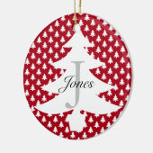 Monogramnaam crème rode witte kerstfamilie keramisch ornament (Links)