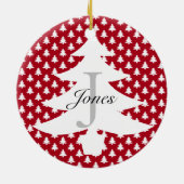 Monogramnaam crème rode witte kerstfamilie keramisch ornament (Achterkant)