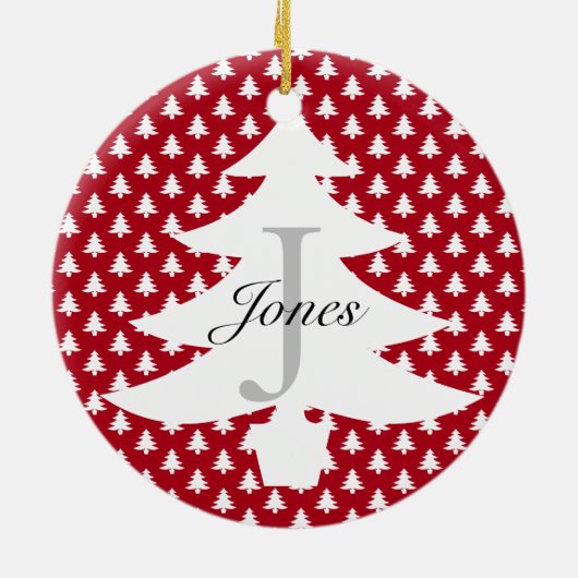 Monogramnaam crème rode witte kerstfamilie keramisch ornament (Achterkant)