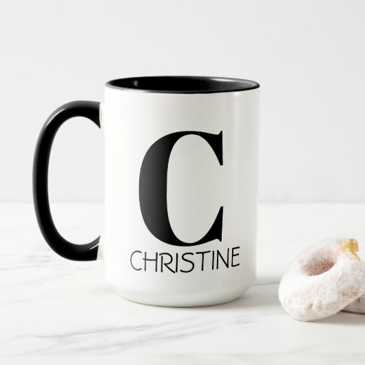 Monogramnaam Eenvoudig Elegant Zwart & Wit Mok (Met donut)