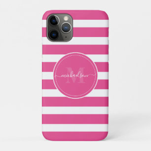 Monogramnaam moderne warmroze en witte strepen Case-Mate iPhone case