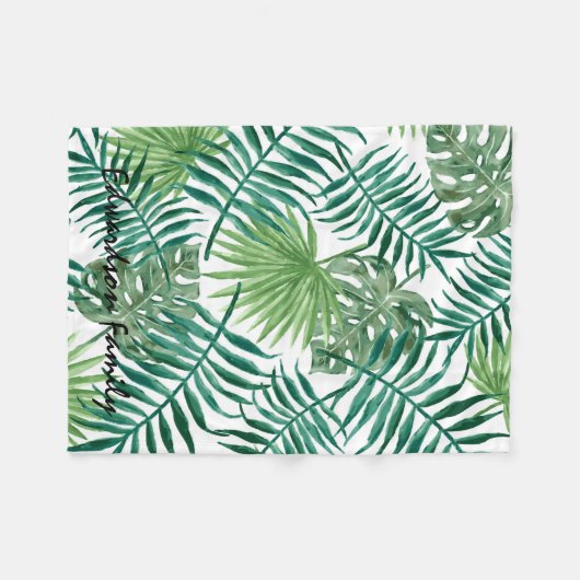 Monogramnaam moderne waterverf tropische bladeren fleece deken (Voorkant (Horizontaal))
