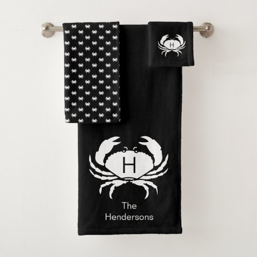 Monogramnaam moderne zwarte krab bad handdoek (Insitu)