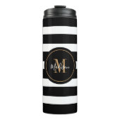 Monogramnaam moderne zwarte witte strepen thermosbeker (Voorkant)
