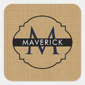 Monogramnaam op natuurlijke jute textuur vierkante sticker (Voorkant)