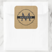Monogramnaam op natuurlijke jute textuur vierkante sticker (Tas)