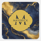 Monogramnaam op NavyGoud Abstracte Marmer FluidArt Vierkante Sticker (Voorkant)