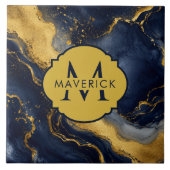 Monogramnaam op NavyGoud Abstracte Marmeren FluidA Tegeltje (Voorkant)