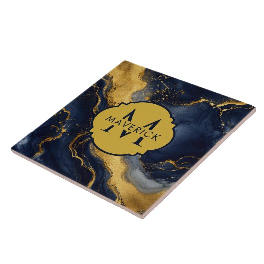 Monogramnaam op NavyGoud Abstracte Marmeren FluidA Tegeltje (Zijkant)