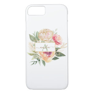 Monogramnaam Peony en Gold Bloom iPhone 8/7 Hoesje