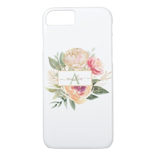 Monogramnaam Peony en Gold Bloom Case-Mate iPhone Case (Achterkant)