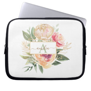Monogramnaam Peony en Gold Flowers iPad Pro Cove Laptop Sleeve