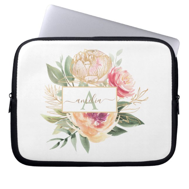 Monogramnaam Peony en Gold Flowers iPad Pro Cove Laptop Sleeve (Voorkant)