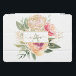 Monogramnaam Peony en Gold Flowers iPad Pro Cover<br><div class="desc">Deze aanpasbare iPad-cover is ontworpen om te coördineren met ons collectie van Peony en Gold. Deze aanpasbare iPad-cover is voorzien van bloemen van roze en gouden pony's met een groen blad met een klassieke letteraanduiding. Klik hierboven op de knop "AANPASSEN" voor een geavanceerdere aanpassing van dit ontwerp. Opmerking: goudfolie is...</div>
