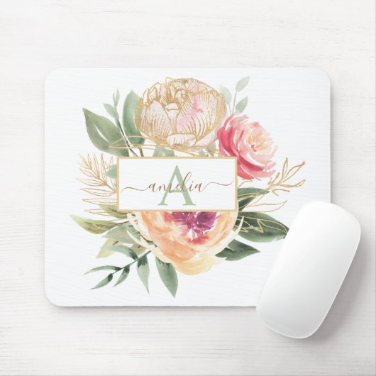Monogramnaam Peony en Gold Flowers Muismat (Met muis)