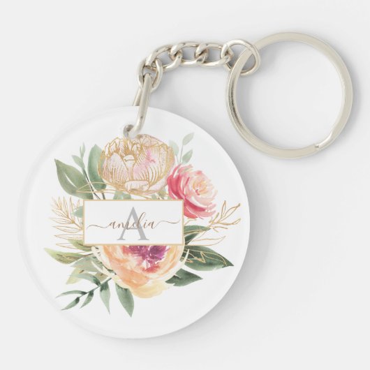 Monogramnaam Peony en Gold Flowers Sleutelhanger (Achterkant)