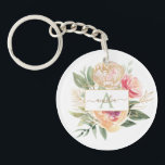 Monogramnaam Peony en Gold Flowers Sleutelhanger<br><div class="desc">Deze aanpasbare, aanpasbare sleutelring is ontworpen om te coördineren met het collectie van Peony en Gold Bloom en biedt tal van roze en gouden pony's met een groene loof. Klik hierboven op de knop "AANPASSEN" voor een geavanceerdere aanpassing van dit ontwerp. Opmerking: goudfolie is een gedrukt effect en niet een...</div>