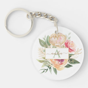 Monogramnaam Peony en Gold Flowers Sleutelhanger