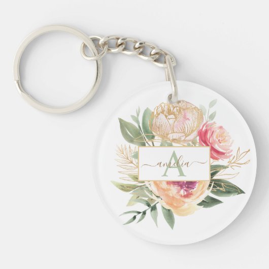 Monogramnaam Peony en Gold Flowers Sleutelhanger (Voorkant)