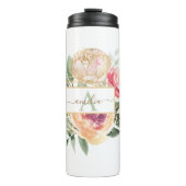 Monogramnaam Peony en Gold Flowers Thermosbeker (Voorkant)