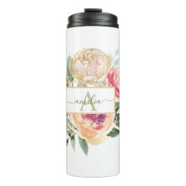 Monogramnaam Peony en Gold Flowers Thermosbeker