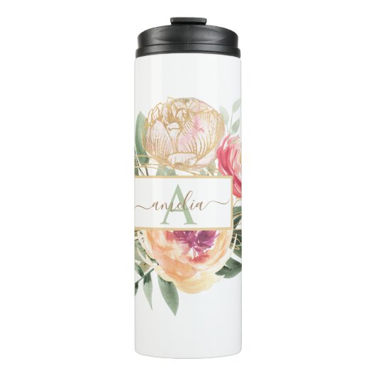 Monogramnaam Peony en Gold Flowers Thermosbeker (Voorkant)