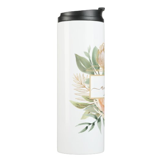 Monogramnaam Peony en Gold Flowers Thermosbeker (Gedraaid links)