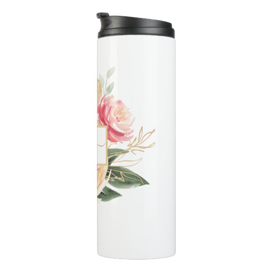 Monogramnaam Peony en Gold Flowers Thermosbeker (Geroteerd rechts)