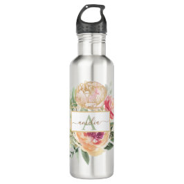 Monogramnaam Peony en Gold Flowers Waterfles