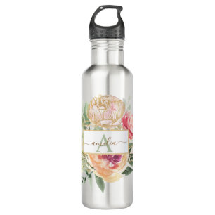 Monogramnaam Peony en Gold Flowers Waterfles