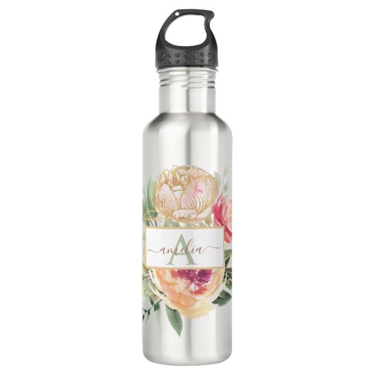 Monogramnaam Peony en Gold Flowers Waterfles (Voorkant)